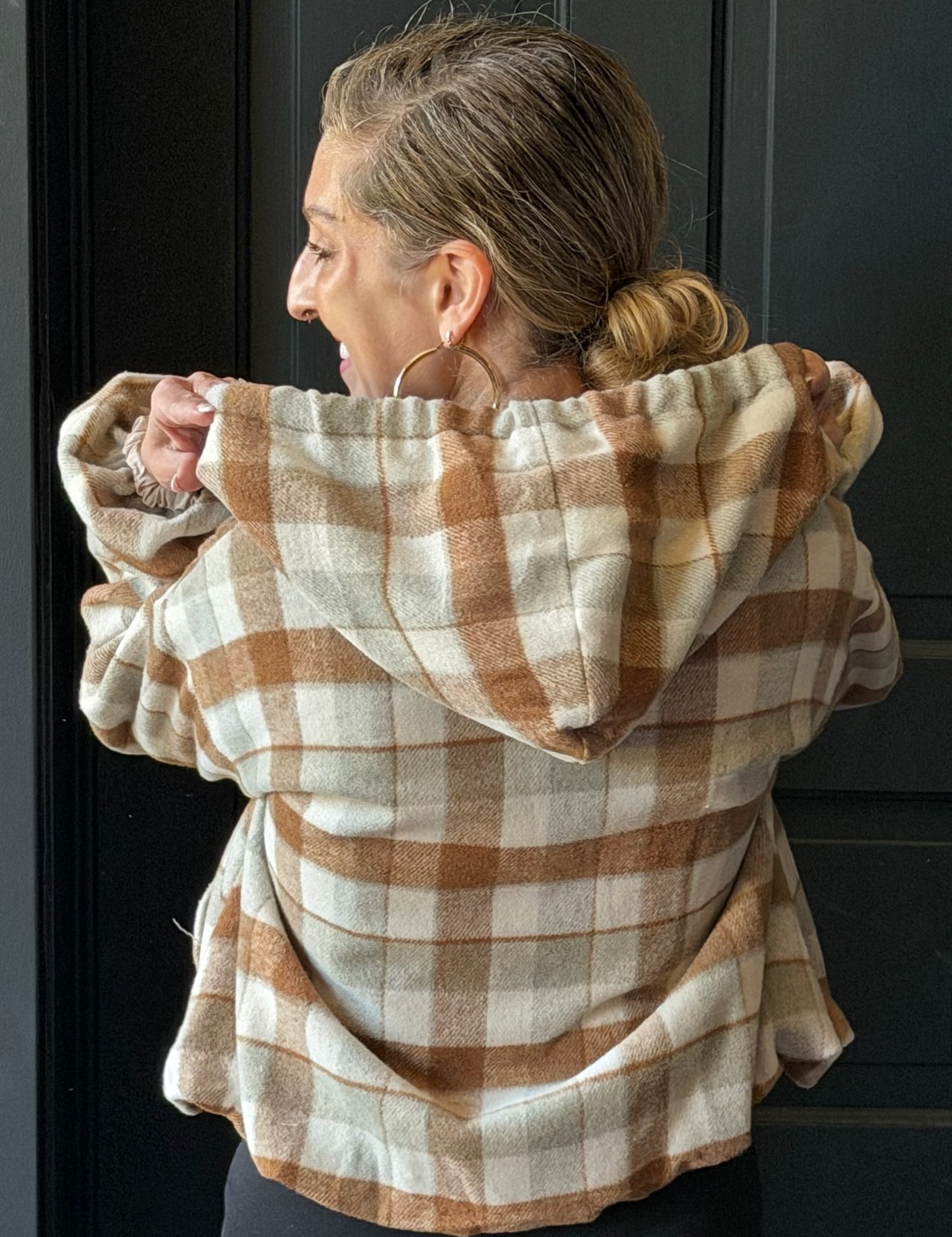 Blythe Caramel Faux-Wool Plaid Bubble Hem Hoodie Jacket