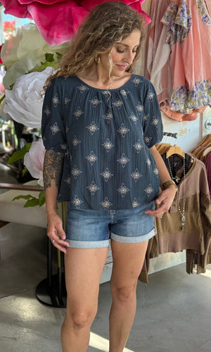 Nora Winter Spruce Tie Back Embroidered Bubble Sleeve Peplum Top