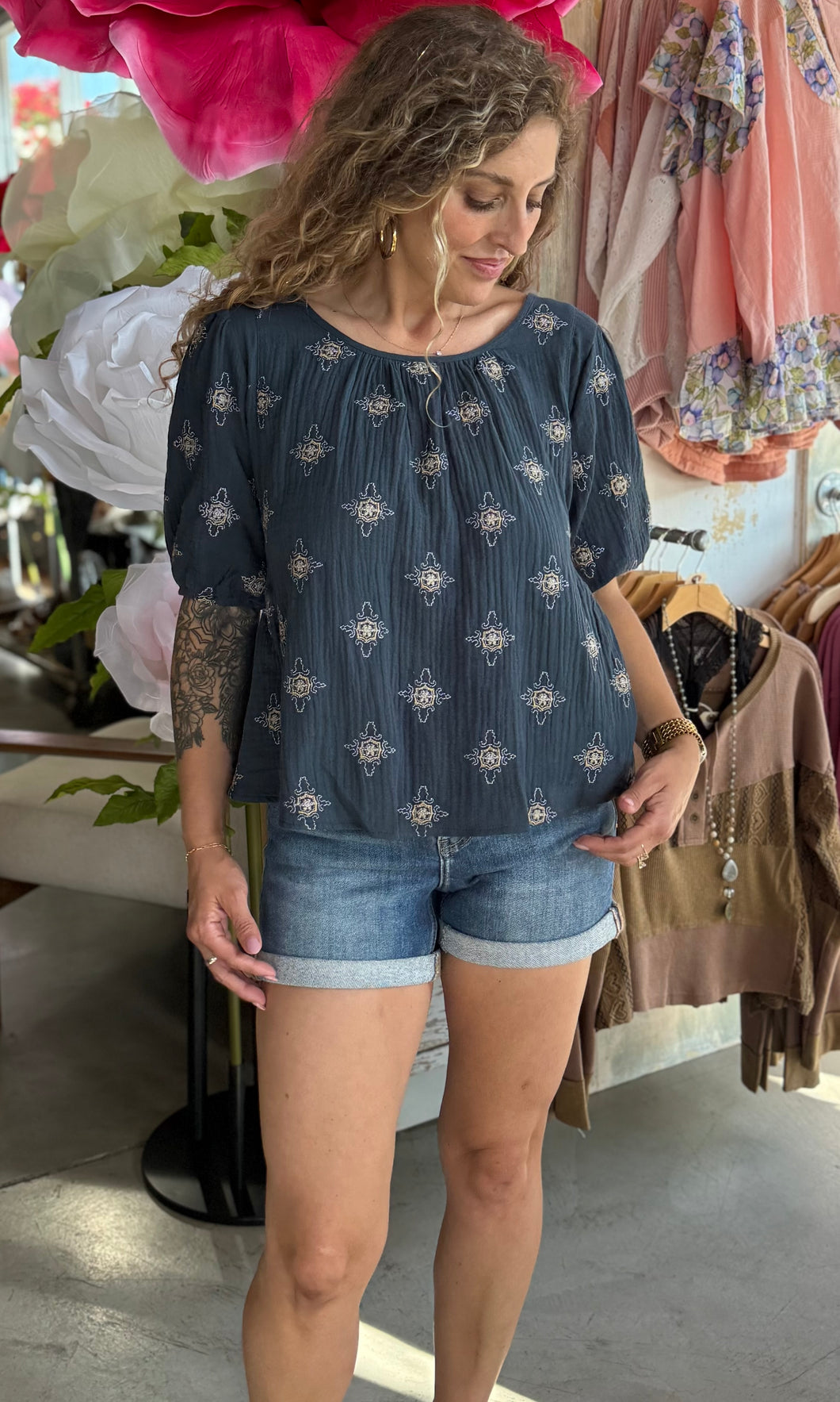 Nora Winter Spruce Tie Back Embroidered Bubble Sleeve Peplum Top