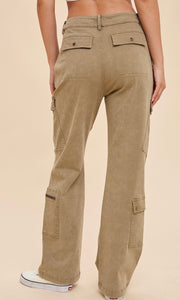 Atrey Sunbleached Olive Stretch Cotton Mineral Washed Flare Cargo Pants