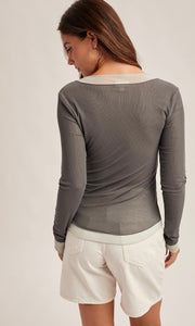 Malia Slate Double Layer Scoop Neck Mesh Top