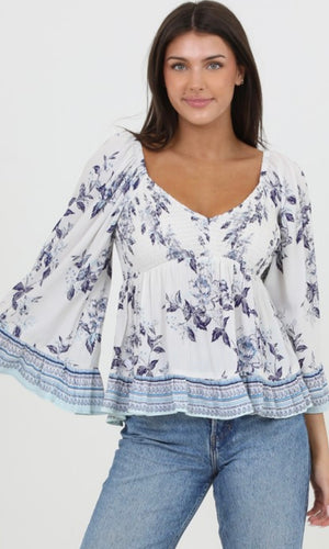 Christine White and Blue Flare Sleeve Top With Smocked Bodice