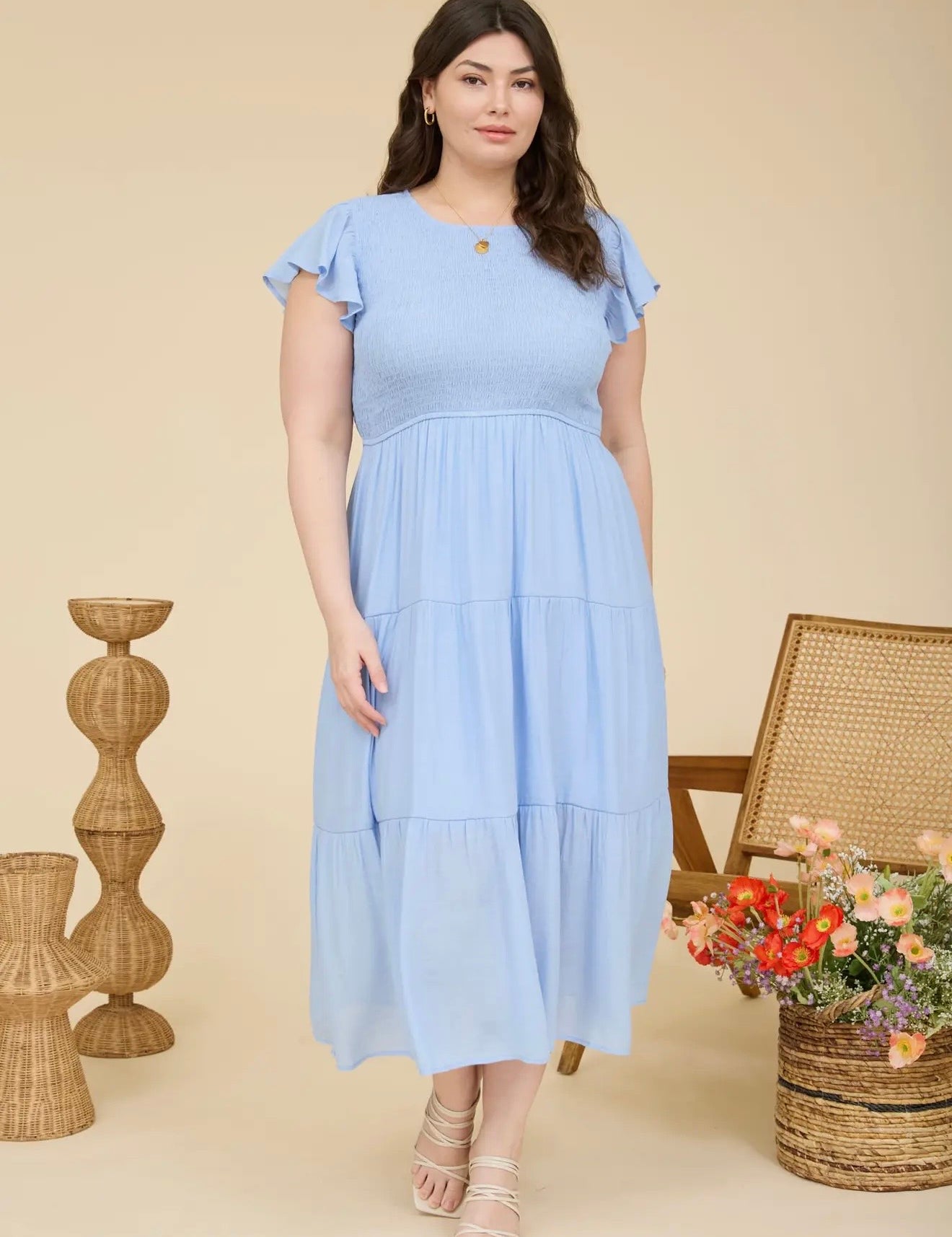 Conrad Plus Size Tiered Smocked Short Sleeve Midi Dress