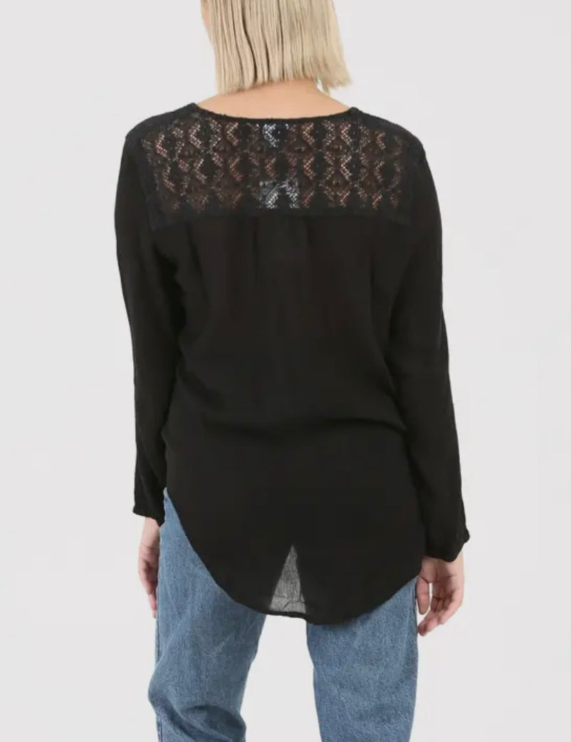 Goro Black Tie Waist Embroidered Top with Lace Back