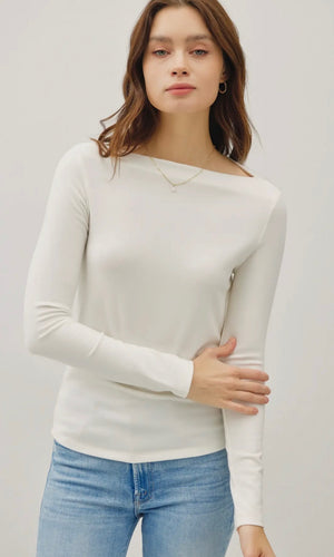 Lucy Ivory Basic Boat Neck Long Sleeve Knit Top