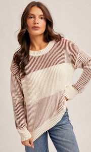 Mary Pink Round Crew Neck Color Block Pullover Sweater