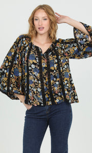 Cali Black Floral V Neck Wide Sleeve Printed Blouse