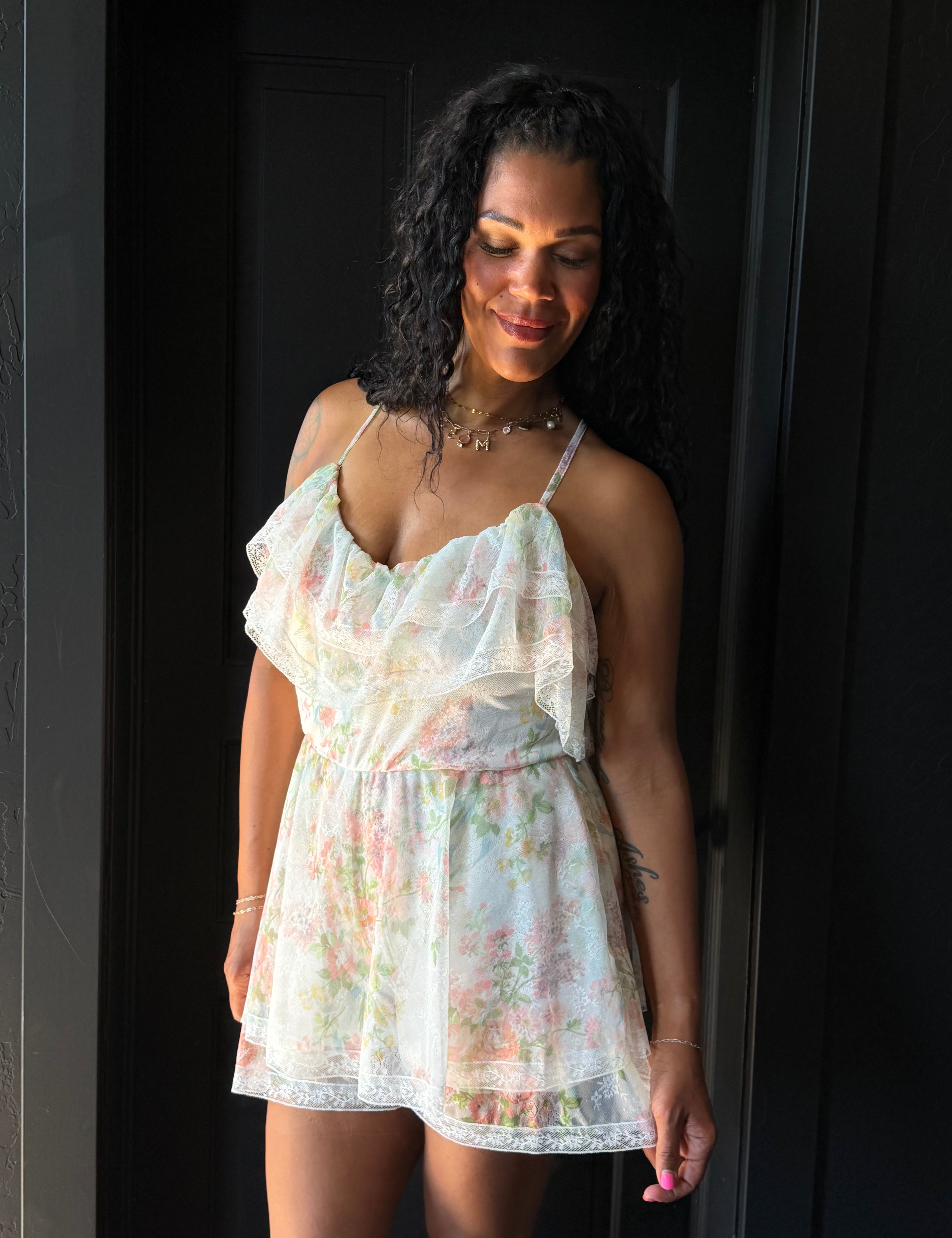 Leah Floral Lace Ruffled Romper