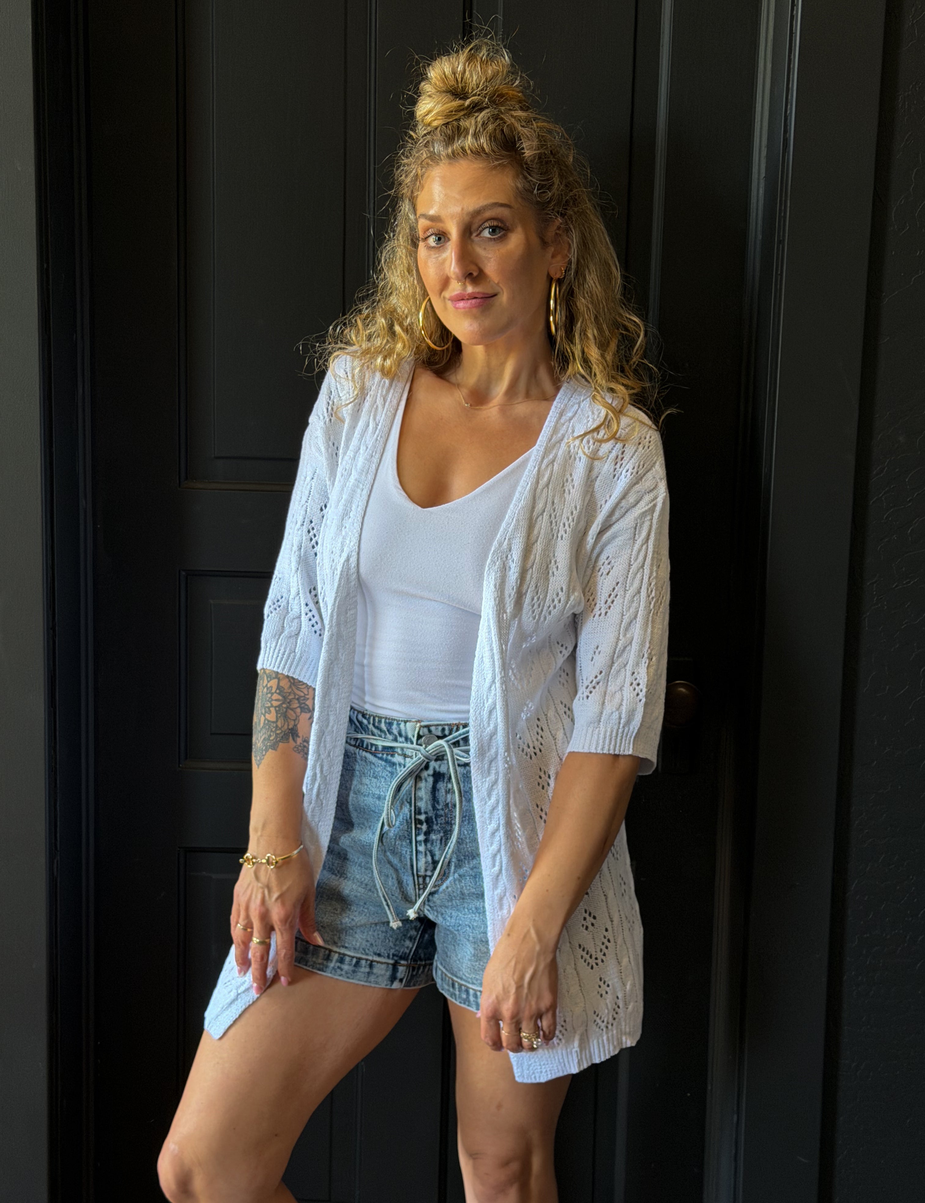 Kash Solid Knit Cardigan Boho Open Front Lace Lightweight