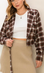 Alony Brown Plaid Button Front Belted Cropped Jacket