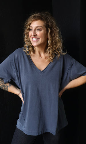 Nicholas Navy Washed Raw Edge V Neck Short Sleeve Knit Top