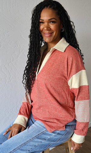 Mae Red Brushed Jersey Stripe Mixed Color Block Pullover