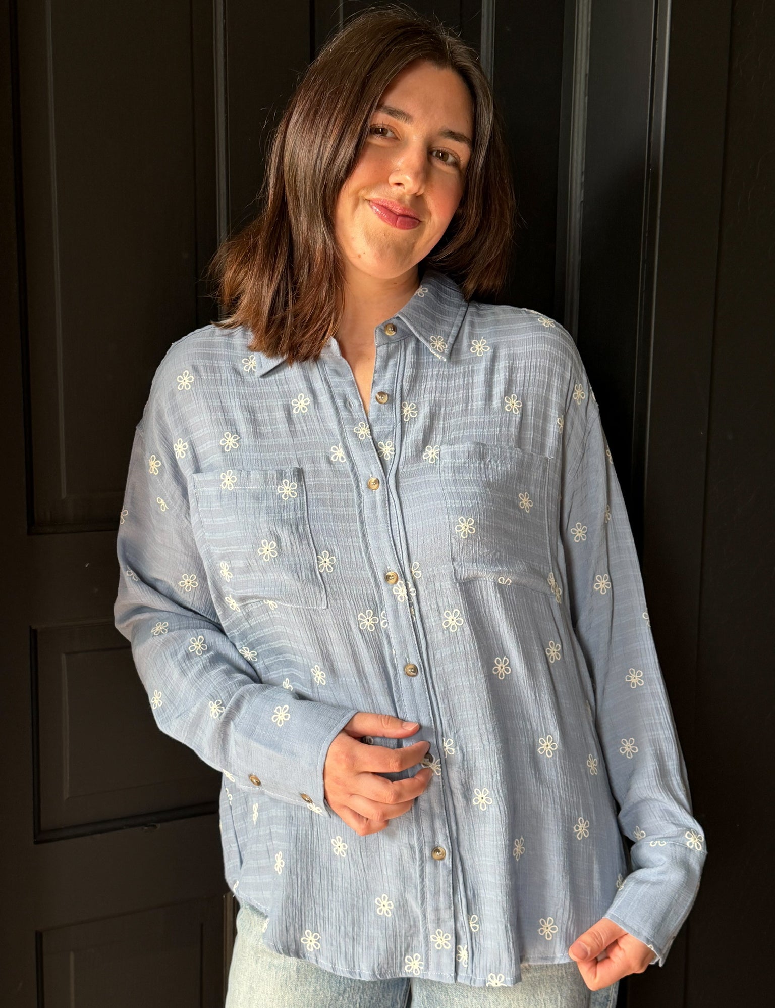 Hallie Embroidered Floral Relaxed Button Down Shirt