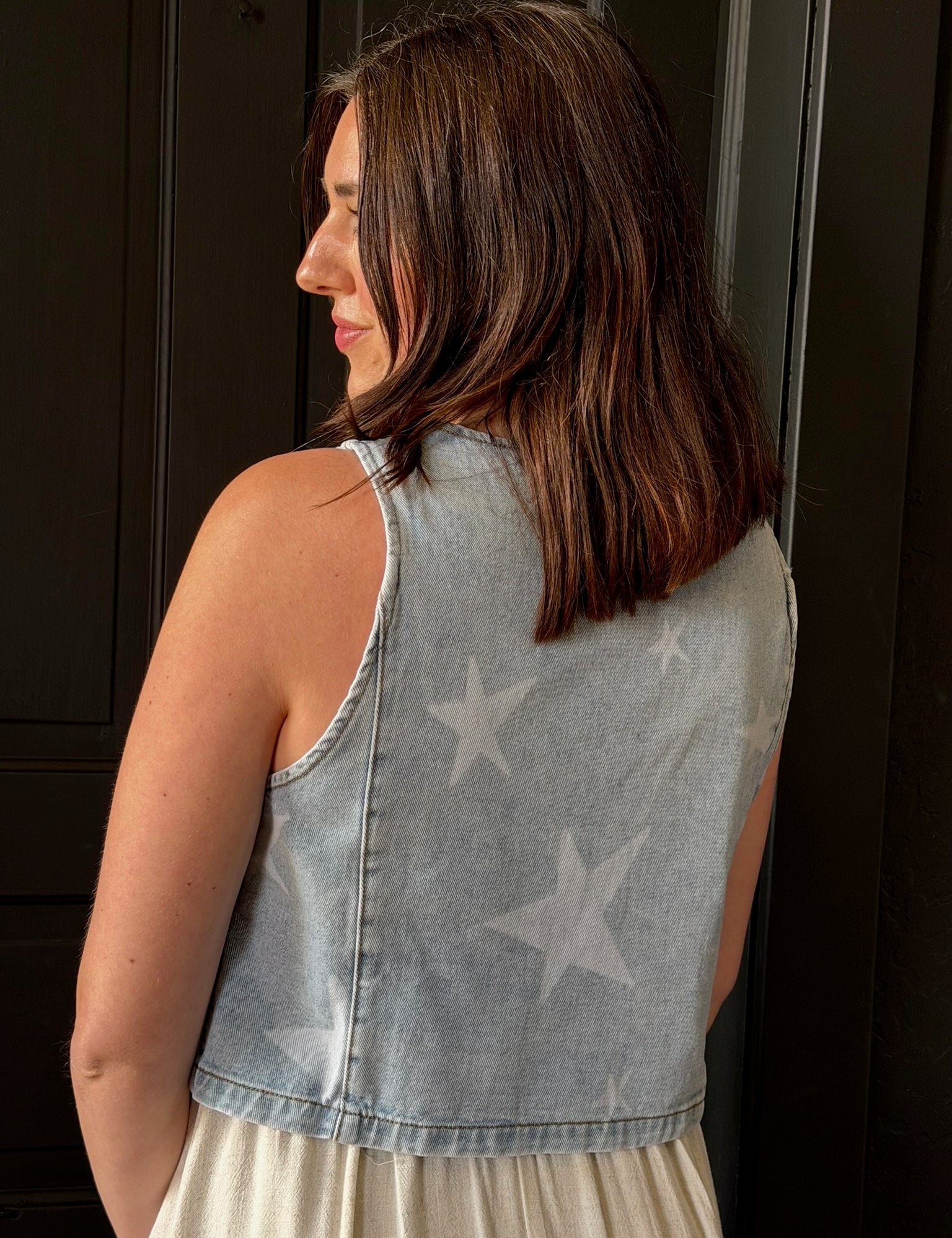 Hailey Star Print Denim Button Front Vest