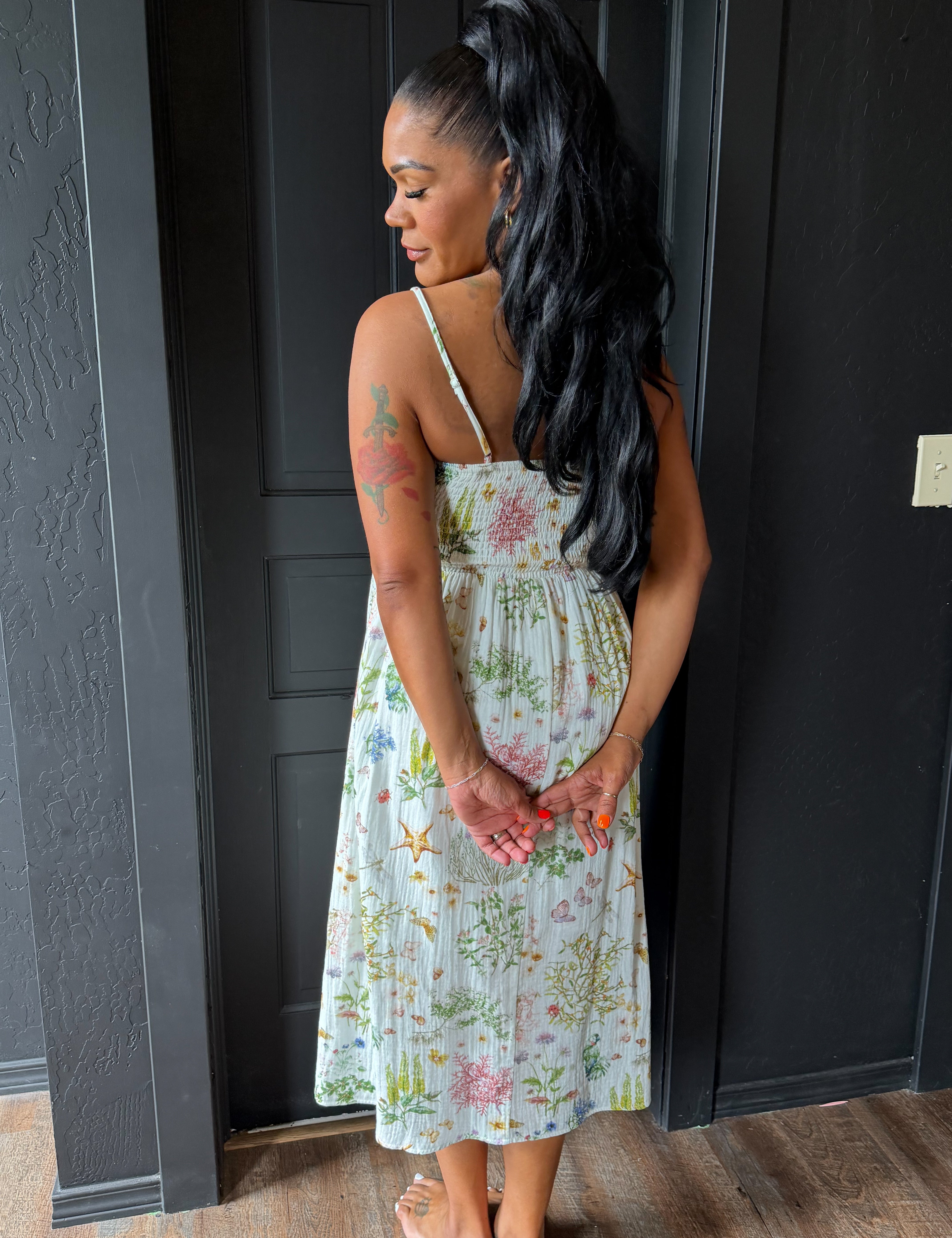 Kyla Printed Double Gauze Smocked Midi Dress