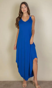 Havana Royal Blue Solid Cami Double Strap Loose Fit Dress