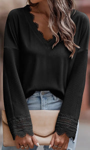 Gerardo Ribbed Lace Long Sleeve Top