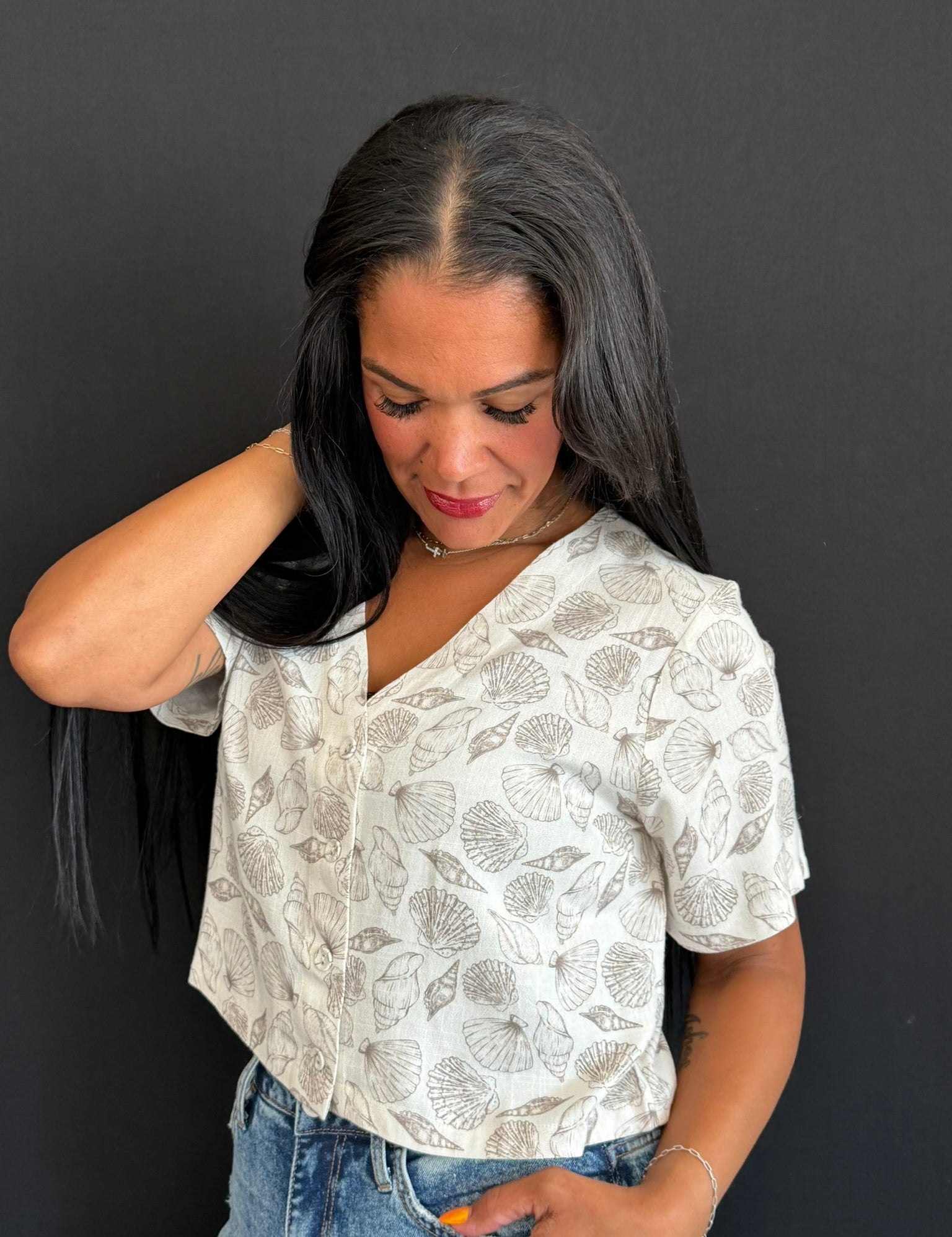 Adeline Taupe Siren Seashell Printed Linen V-Neck Top