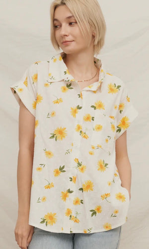 Keenay Yellow Floral Button Front Short Sleeve Top
