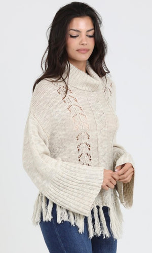 Dahlia Ivory Cowl Neck Fringe Hem Wide Sleeve Pullover Sweater