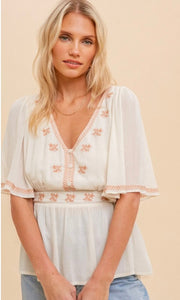 Abran Ivory Embroidered Smocked Back Shirt Top