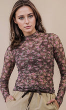 Percy Chocolate Floral High Neck Fitted Sheer Mesh Lace Knit Top