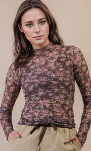 Percy Chocolate Floral High Neck Fitted Sheer Mesh Lace Knit Top