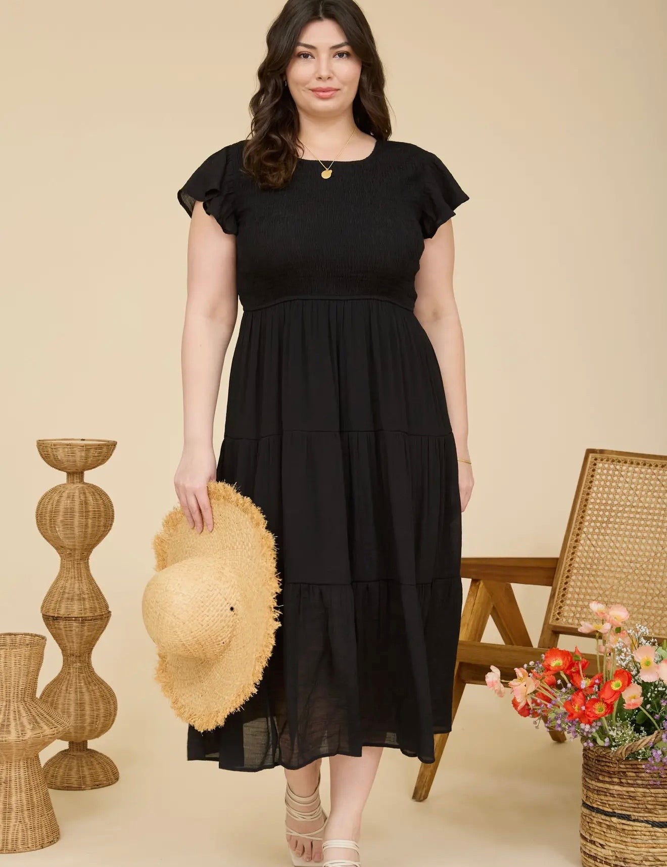 Conrad Plus Size Tiered Smocked Short Sleeve Midi Dress