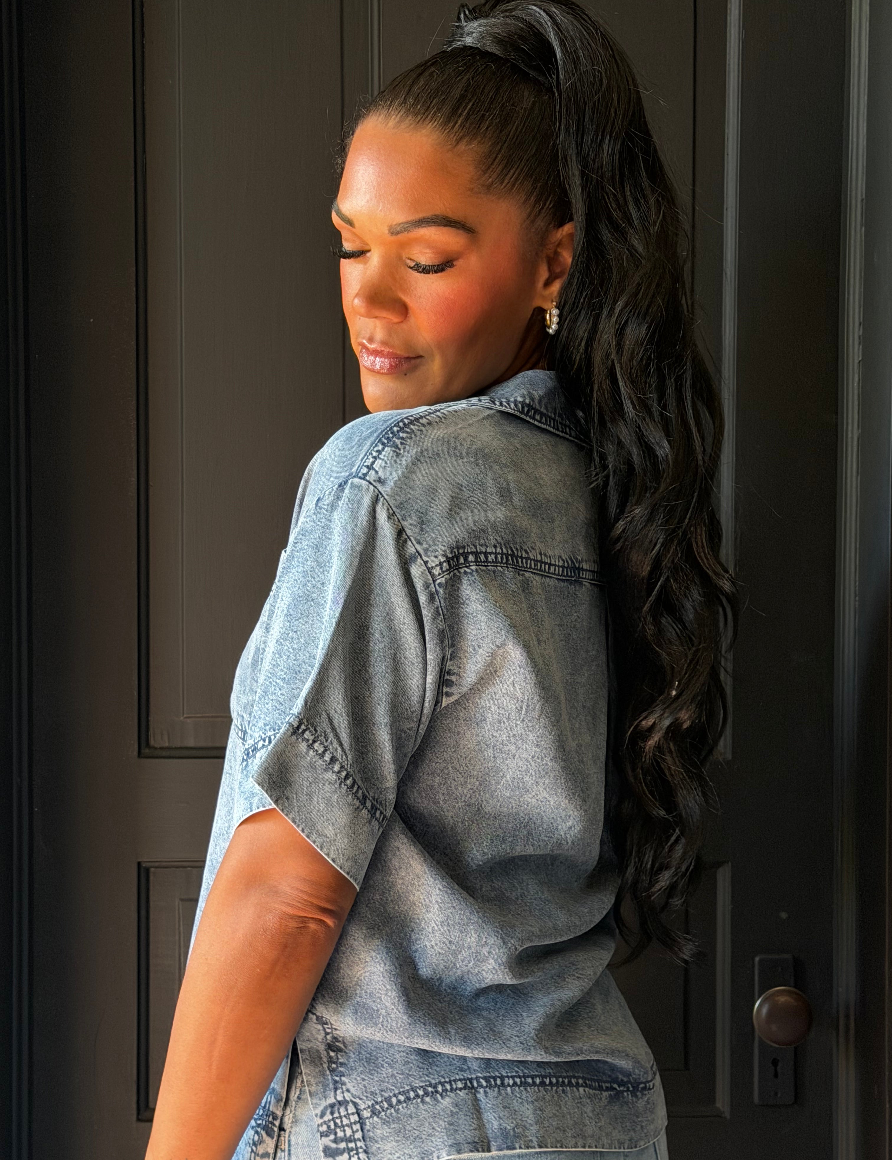 Hazel Dark Denim Collared Split V-Neck Patch Pocket Pullover