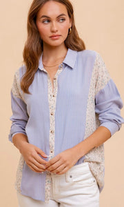 Fawne Disty Print Stripe Mixed Button Down Shirt