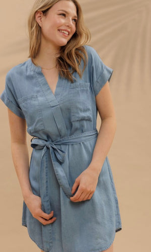 Gover Belted Chambray Cuff Sleeve Mini Shirt Dress