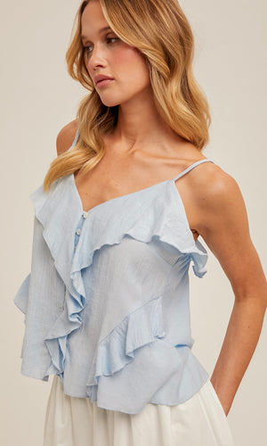 Geain Powder Blue Button Down Ruffle Cami Top