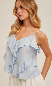 Geain Powder Blue Button Down Ruffle Cami Top