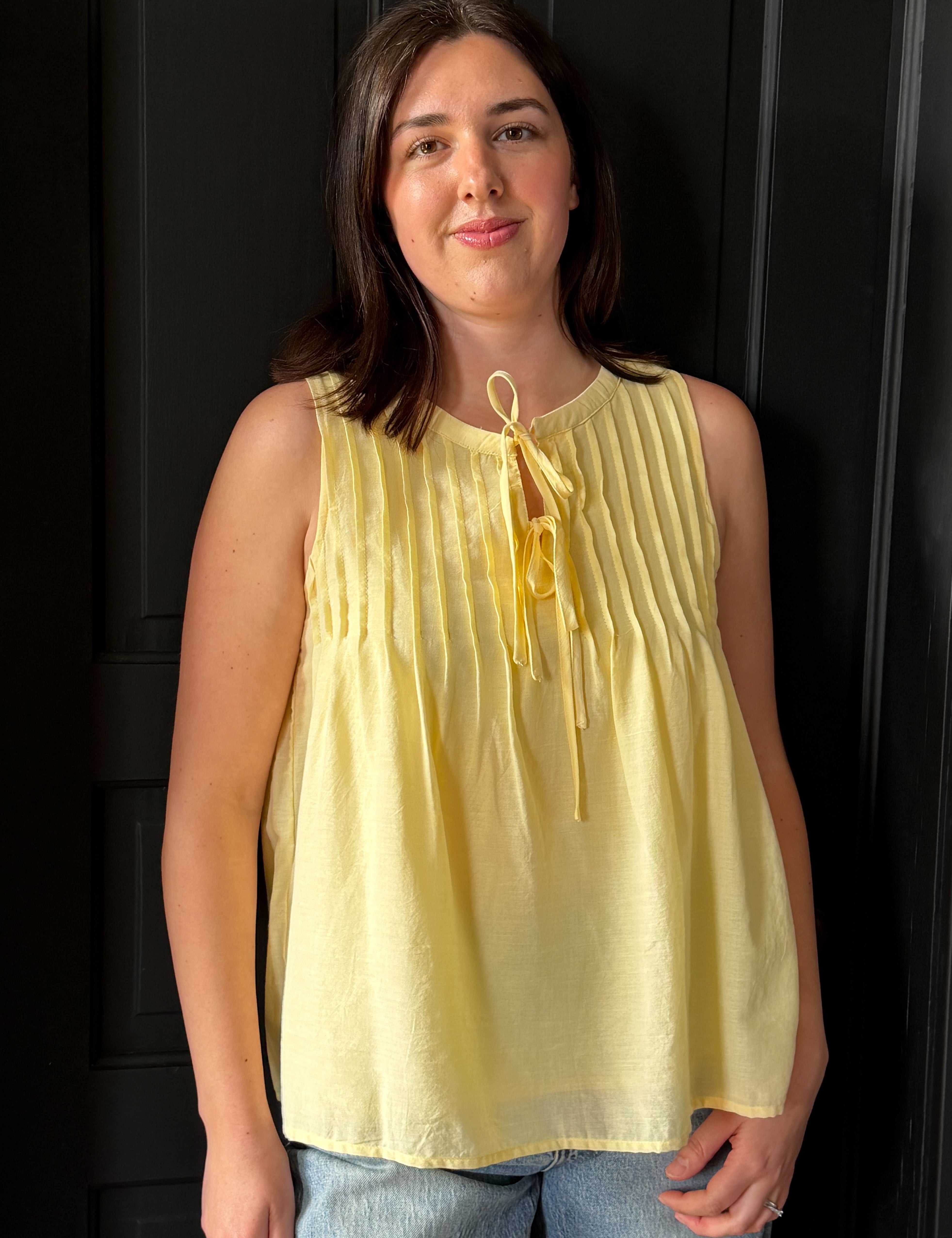 Halley Pintuck Tie Front Sleeveless Blouse