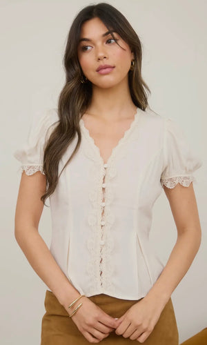 Lara Cream Lace Trim Button Down Puff Sleeve Blouse