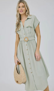 Gracie Light Olive Collared Button Down Belted Midi Dress