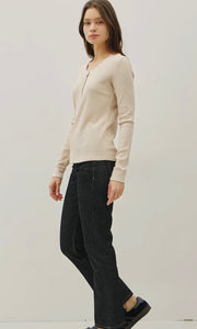 Ismael Oatmeal Stitched Thermal Henley Neck Top