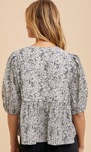 Delaney White and Black Bow Accent Floral Top With Puff Sleeves