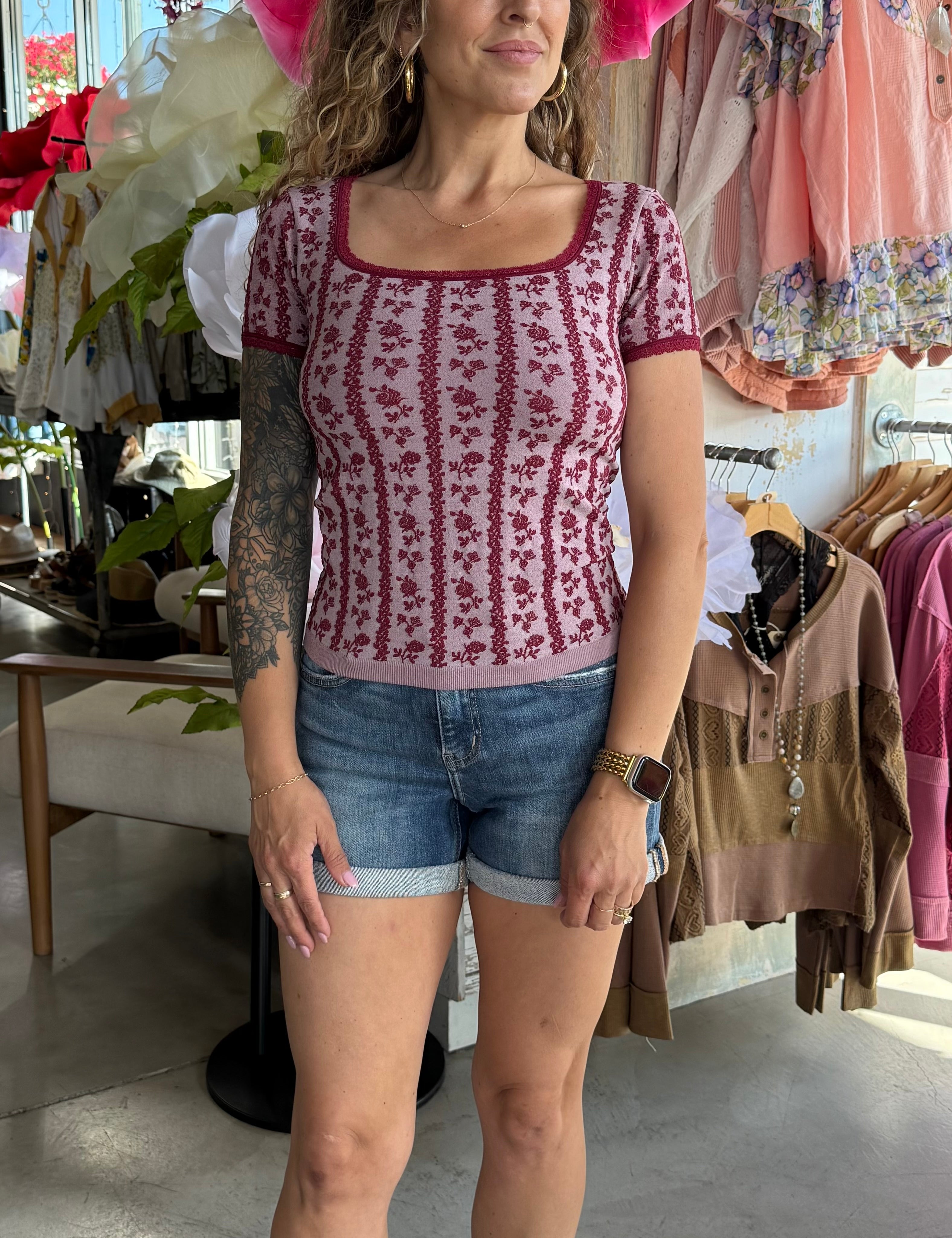 Miles Raspberry Lace Trimmed Floral Motif Seamless Tee