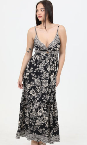 Charilyn Black Ivory Floral Design V Neck Twist Front Cut Out Maxi Dress