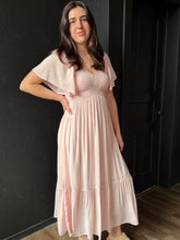 Artiste Pale Pink Satin Empire Smocked Midi Dress