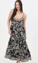 Charilyn Black Ivory Floral Design V Neck Twist Front Cut Out Maxi Dress