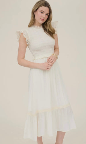 Louise Ivory Smocked Eyelet Trim Ruffle Detail Midi Dress