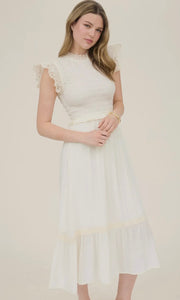 Louise Ivory Smocked Eyelet Trim Ruffle Detail Midi Dress