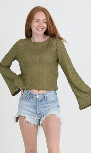 Caleen Olive Light Weight Open Knit Flare Sleeve Top