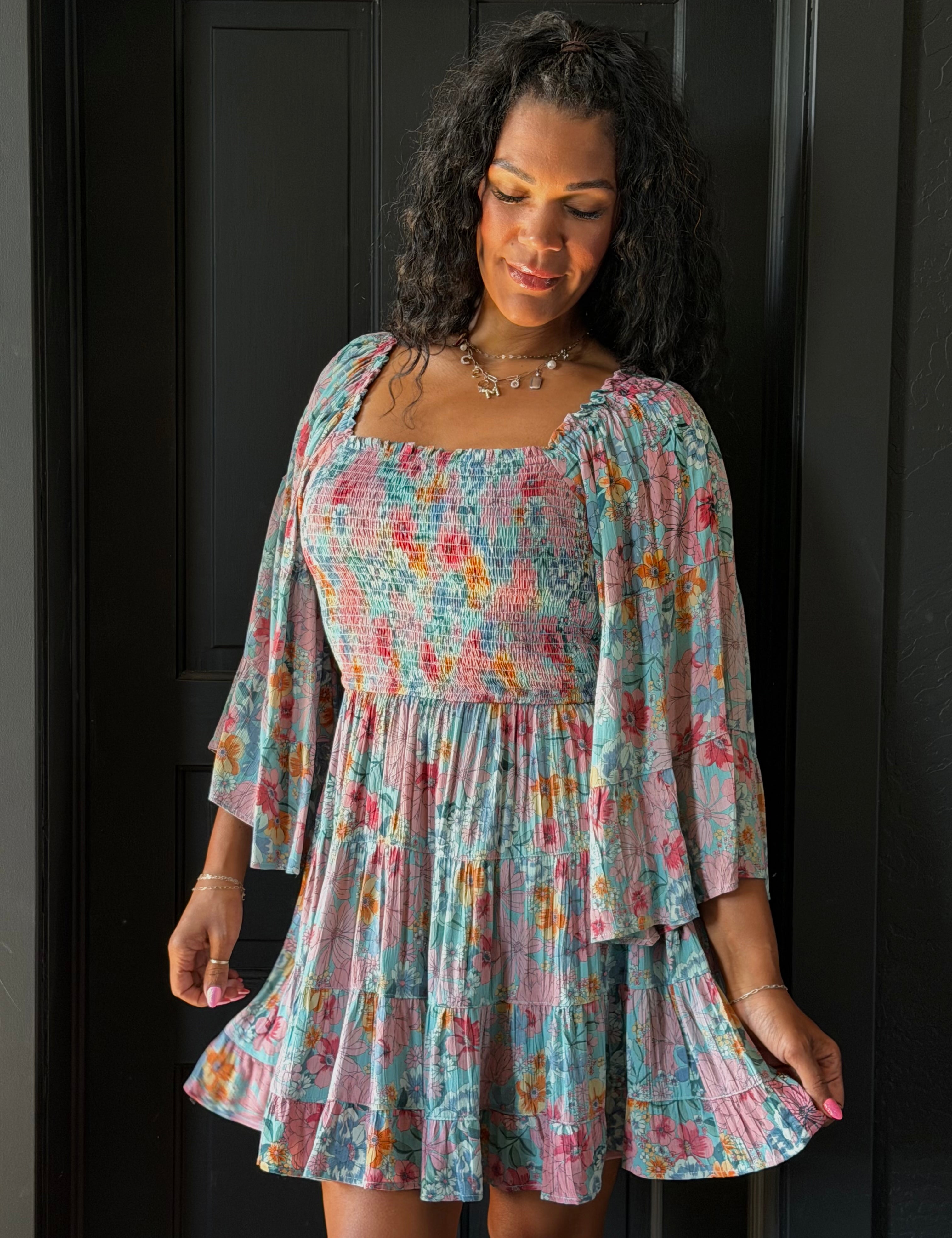 Miguel Floral Print Wide Bell Sleeve Smocked Bodice Short Dress