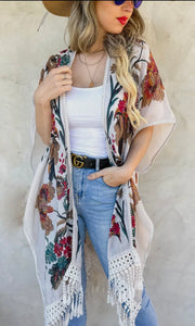 Elia White Floral Print Lace Detail Tassel Bottom Kimono Cardigan