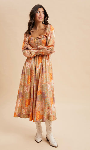 Jay Smocked Ruffled Patchwork Maxi Dress