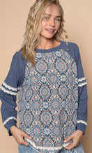 Diana Navy Round Neck Long Sleeve Printed Knit Solid Top