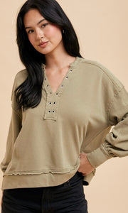 Dana Olive V Neck Grommet Detail Pullover Sweater